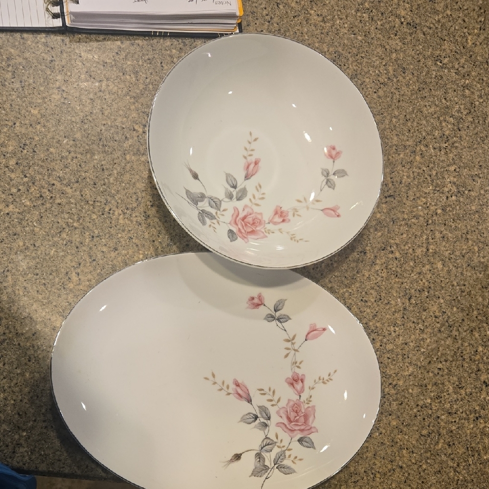 Castle Court Serving Platter & Serving Bowl, Fine China Rose Glow Pattern, Japan